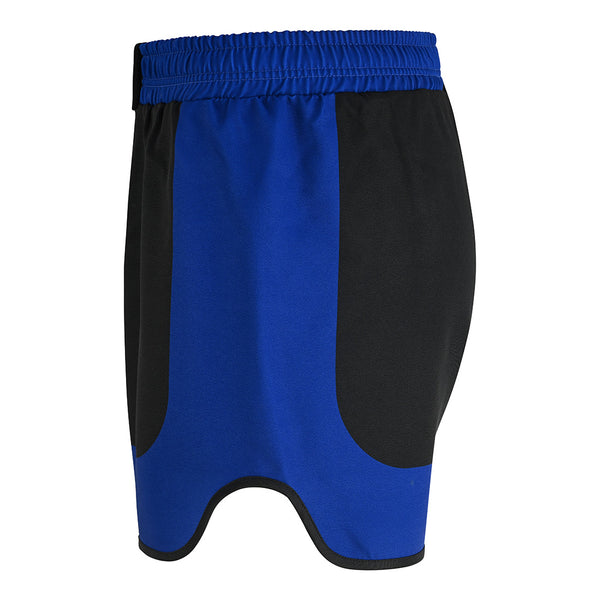 The SMAI MMA Grappling Shorts - Black / Blue feature a black base with bold royal blue panels, a wide blue elastic waistband, and durable polycotton construction, shown here from the back.