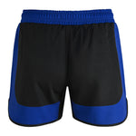 The SMAI MMA Grappling Shorts - Black / Blue feature a black body with blue waistband, side panels, and trim, made from durable polycotton with a stretch gusset. Displayed against a white background.