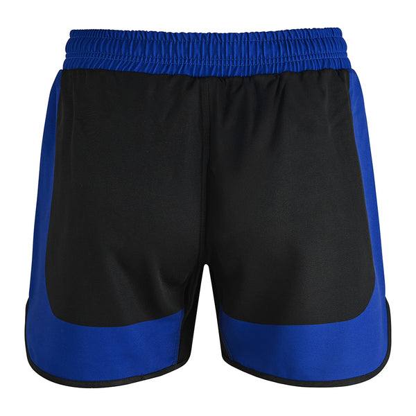The SMAI MMA Grappling Shorts - Black / Blue feature a black body with blue waistband, side panels, and trim, made from durable polycotton with a stretch gusset. Displayed against a white background.