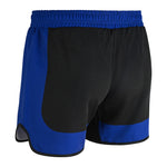 The SMAI MMA Grappling Shorts - Black / Blue feature an elastic waistband, blue side panels and accents, and are made from lightweight polycotton for comfort and durability during sports.
