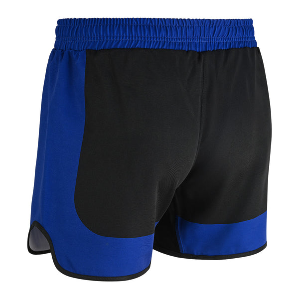 The SMAI MMA Grappling Shorts - Black / Blue feature an elastic waistband, blue side panels and accents, and are made from lightweight polycotton for comfort and durability during sports.