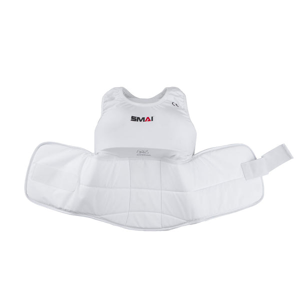 SMAI's WKF Approved Female Body Guard with Breast Plate features a white chest protector with adjustable velcro straps and the SMAI logo, offering a padded surface for impact absorption ideal for martial arts or sports protection.