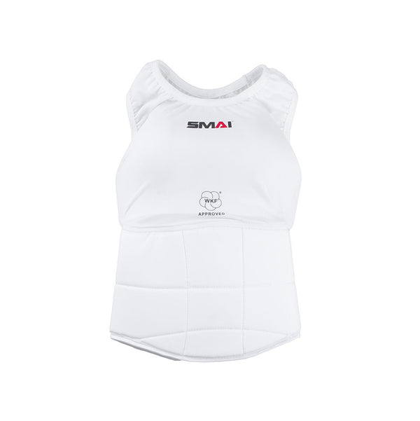 The SMAI WKF Approved Female Body Guard with Breast Plate is a white chest guard vest featuring "SMAI" and "WKF Approved" logos, designed for superior torso protection in combat sports.