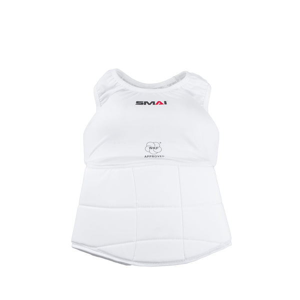 The WKF Approved Female Body Guard with Breast Plate by SMAI is a white protective gear for martial arts, featuring impact-absorbing padded sections, the SMAI logo on top, and a central "WKF Approved" label for female practitioners' safety and quality assurance.