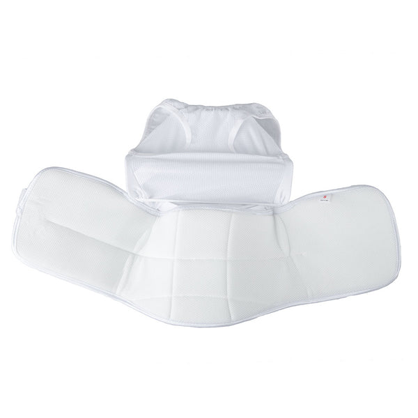 A plain backdrop showcases the white SMAI WKF-approved female body guard with a breast plate, featuring adjustable straps and cushioned back support.