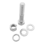 A metallic bolt stands upright with a hex nut, split lock washer, and two flat washers from the SMAI Spare Bolt Set - Vanta Series Power Rack by SMAI, all arranged on a white background.