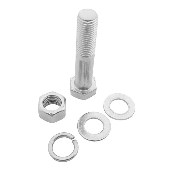 A metallic bolt stands upright with a hex nut, split lock washer, and two flat washers from the SMAI Spare Bolt Set - Vanta Series Power Rack by SMAI, all arranged on a white background.