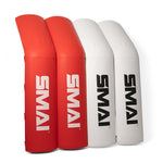 Two red and two white boxing ring corner pads, made by SMAI, feature medium-density foam and durable vinyl covers with the brand name printed in bold black letters.
