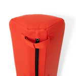 The SMAI Boxing Ring Corner Pads in red and white feature a black vertical zipper on the side, a fabric handle on top, and are made from smooth, glossy vinyl against a white backdrop.