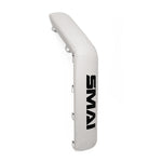 White curved martial arts kicking shield with a durable vinyl cover features grip handles on the back and is filled with medium-density foam. The brand name "SMAI" is printed in bold black letters on the front.