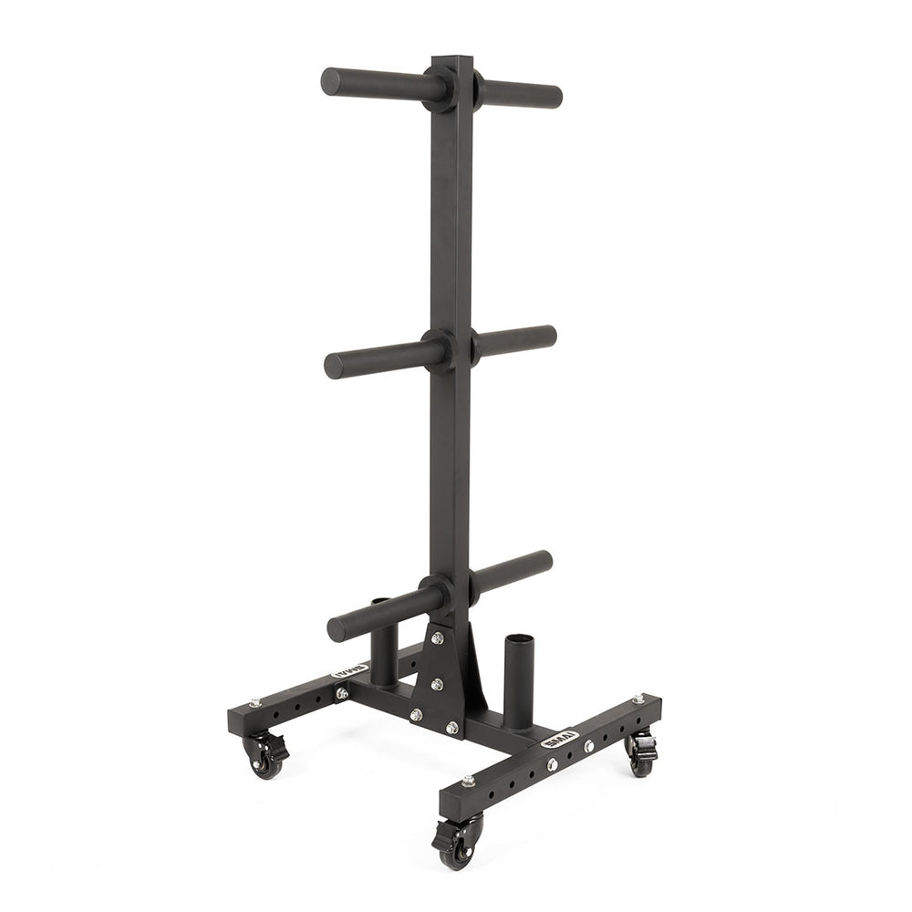 The SMAI Bumper Plate & Barbell Storage Tree with Wheels features a sturdy black metal frame, six horizontal arms for weight plates, and a wheeled base for easy mobility—ideal for organized and industrial-grade gym storage.