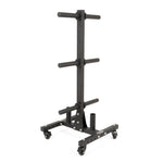 The SMAI Bumper Plate & Barbell Storage Tree with Wheels features a sturdy black metal frame, six horizontal arms for weight plates, and a wheeled base for easy mobility—ideal for organized and industrial-grade gym storage.