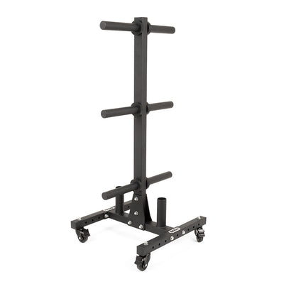 The SMAI Bumper Plate & Barbell Storage Tree with Wheels features a sturdy black metal frame, six horizontal arms for weight plates, and a wheeled base for easy mobility—ideal for organized and industrial-grade gym storage.