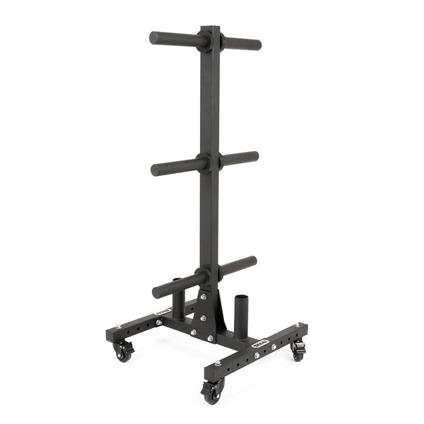 The SMAI Bumper Plate & Barbell Storage Tree with Wheels features a sturdy black metal frame, six horizontal arms for weight plates, and a wheeled base for easy mobility—ideal for organized and industrial-grade gym storage.
