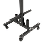 The SMAI Bumper Plate & Barbell Storage Tree with Wheels is a black metal gym storage base featuring wheels, handle, and vertical tubes—ideal for organizing weightlifting plates and barbells.