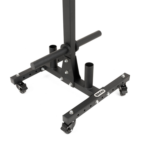 The SMAI Bumper Plate & Barbell Storage Tree with Wheels is a black metal gym storage base featuring wheels, handle, and vertical tubes—ideal for organizing weightlifting plates and barbells.