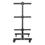 The SMAI Bumper Plate & Barbell Storage Tree with Wheels is a black rack featuring six horizontal pegs for gym weight organization. It’s shown against a plain white background.