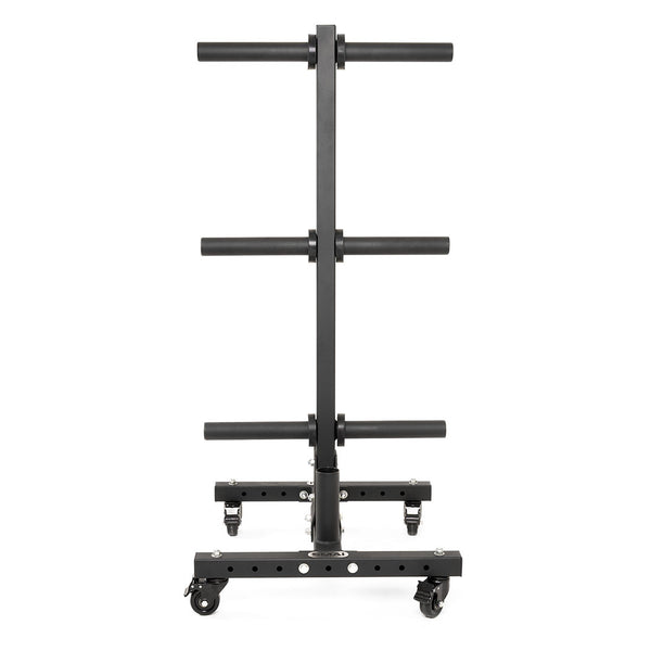 The SMAI Bumper Plate & Barbell Storage Tree with Wheels is a black rack featuring six horizontal pegs for gym weight organization. It’s shown against a plain white background.