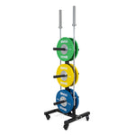 The SMAI Bumper Plate & Barbell Storage Tree with Wheels stores green, yellow, blue, and white bumper plates and features barbell holders on each side for a convenient all-in-one gym storage solution.