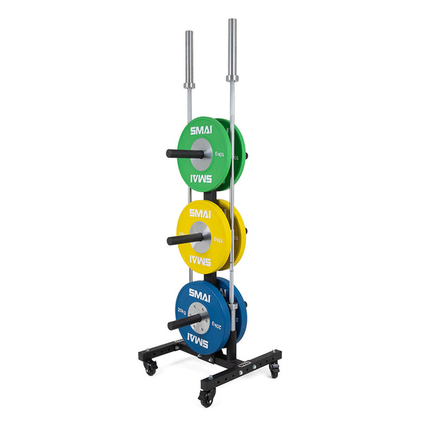The SMAI Bumper Plate & Barbell Storage Tree with Wheels stores green, yellow, blue, and white bumper plates and features barbell holders on each side for a convenient all-in-one gym storage solution.
