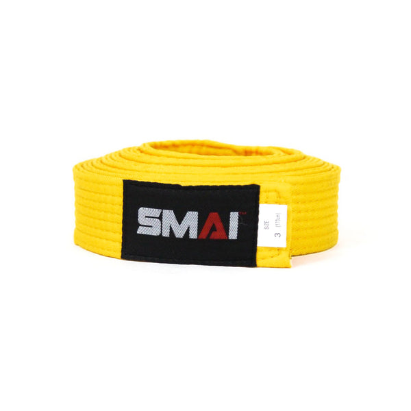 A neatly rolled yellow SMAI Martial Arts Belt Single Colour with a black label displaying "SMAI" in white and red, plus a small white size 3 tag on the right.
