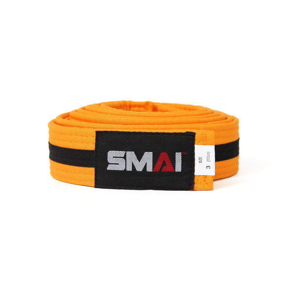 A neatly rolled poly-cotton orange Martial Arts Belt - Black Stripe by SMAI features a black label with "SMAI" in grey and red letters and a white size tag marked "3".