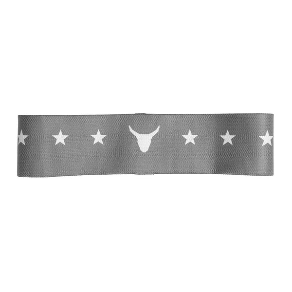 The SMAI Combine Air Knitted Mini Band Light - Grey is a gray polycotton resistance band with white stars and a central white bull head icon.