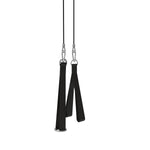 Two black SMAI Cable Pulley System hanging straps with metal hooks and rings are suspended from the top of the image against a plain white background.