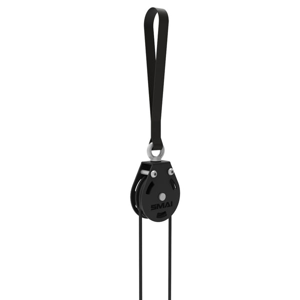 The SMAI Cable Pulley System features a black design with a looped top strap, dual metal side plates, and two black ropes through the wheel. Perfect for functional strength training, it displays the "SMAI" brand on the side.