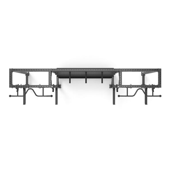 Introducing SMAI's Vanta Series 2 Half Rack Cells with Storage. This wall-mounted storage solution includes a long central shelf alongside multiple hooks on each side, embodying an industrial style crafted from metal. Its clean and minimalist design is perfect for striking contrast against a plain white backdrop.