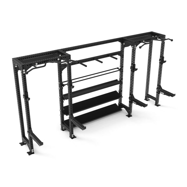 The 2 Half Rack Cells with Storage from the SMAI Vanta Series is a spacious black metal power rack that includes pull-up bars, weight plate storage, and attachment points for various gym equipment. Ideal for strength training in both fitness centers and home gyms, it highlights the versatility and innovation characteristic of the Vanta Series.