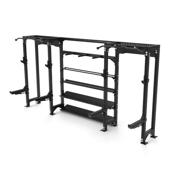 The SMAI 2 Half Rack Cells with Storage, part of the Vanta Series, is a large gym essential made of black metal. It includes multiple pull-up bars, attachments, and storage shelves. Designed for strength training exercises, its sturdy frame offers adjustable hooks and supports for versatile workout configurations.