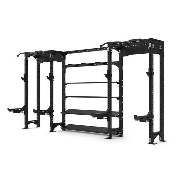 Introducing the Vanta Series 2 Half Rack Cells with Storage by SMAI, featuring multiple adjustable hooks and holders for weightlifting and strength training. Its sturdy construction with a perforated frame is perfect for various fitness exercises.