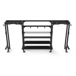 The 2 Half Rack Cells with Storage from the SMAI Vanta Series is a black metal weightlifting power rack that combines multiple shelves and sturdy supports. It features a pull-up bar on top and provides ample space for weight storage, along with various adjustable attachment holes to ensure stability.