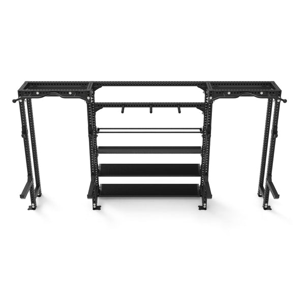 The 2 Half Rack Cells with Storage from the SMAI Vanta Series is a black metal weightlifting power rack that combines multiple shelves and sturdy supports. It features a pull-up bar on top and provides ample space for weight storage, along with various adjustable attachment holes to ensure stability.