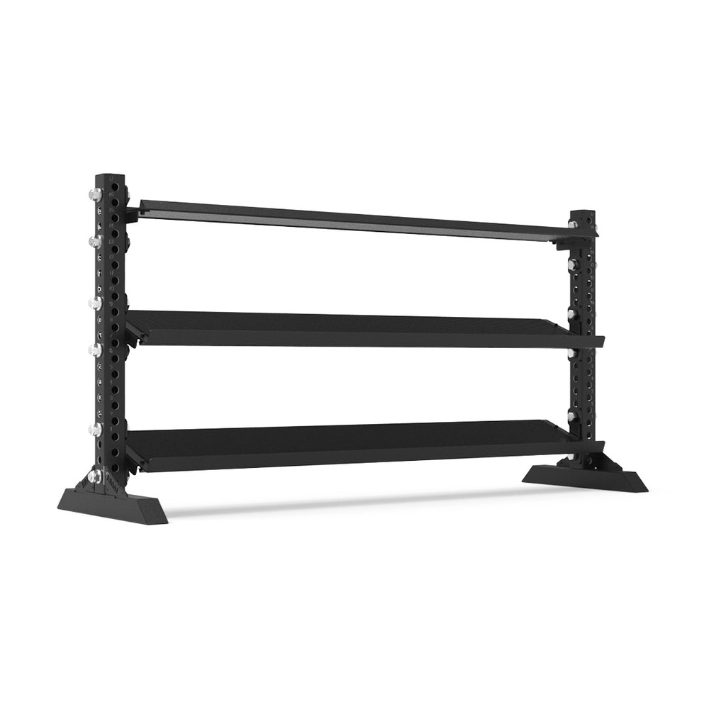 The SMAI 1.1m Storage Shelf from the Vanta Series features a robust metal frame for ideal storage. Its angled shelves allow easy access to various dumbbell sets, and its wide, stable legs ensure dependability—making it an excellent fit for any fitness area.