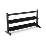 The SMAI 1.1m Storage Shelf from the Vanta Series features a robust metal design with adjustable holes, allowing for customizable height settings. This versatile black three-tier storage rack is showcased empty against a white background, poised to efficiently organize your space.