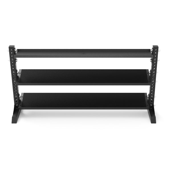 The Vanta Series 1.1m Storage Shelf by SMAI, featuring a sleek two-tier black metal design with adjustable shelves, is ideal for organizing items. This elegant flat storage shelf stands empty against a pristine white background.