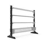 The SMAI Vanta Series Storage Legs 1.7m provides a commercial-grade solution with a modular design. It features black and gray metal construction, adjustable horizontal bars, a mesh basket at the bottom, and sturdy black feet to efficiently organize various items.