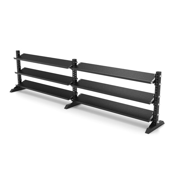 Introducing the SMAI 1.1m Dual Dumbbell Storage Shelf from the Vanta Series: a large, freestanding black metal rack with three shelves specifically designed to hold weights or gym equipment. Featuring sturdy legs and a minimalist design, this shelf is perfect for organizing your fitness gear in any gym or home workout space.