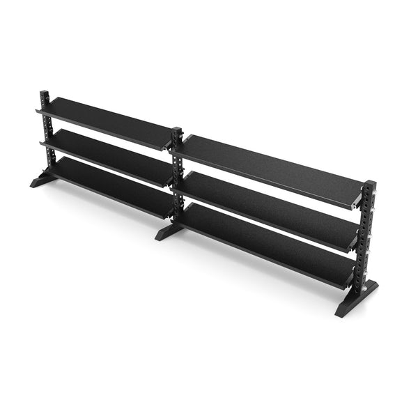 The SMAI 1.1m Dual Dumbbell Storage Shelf from the Vanta Series features a sleek, minimalist design in black. With its sturdy base and adjustable shelves, it's ideal for organizing a variety of items. This empty rack, part of the Vanta Dual Dumbbell Storage collection, is displayed against a plain white background.