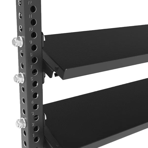 Close-up of the SMAI Vanta Series 1.1m Dual Dumbbell Storage Shelf featuring a black metal design with adjustable shelves and numbered holes along the sides. Bolts secure the structure, ensuring flat and sturdy shelf surfaces suitable for organizing or storing various items.