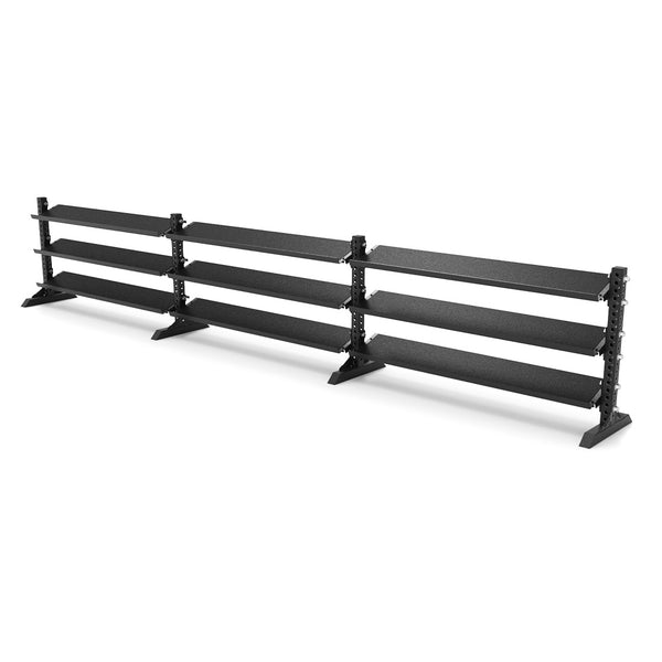 The SMAI 1.1m 3 Dumbbell Storage Shelf from the Vanta Series boasts a robust, elongated frame and multiple adjustable shelves, ideal for organizing items in your garage or workshop. Its freestanding design with wide base supports ensures stability and is versatile enough to double as a dumbbell storage solution if desired.