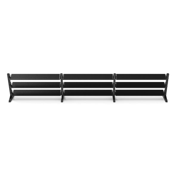 Introducing the 1.1m 3 Dumbbell Storage Shelf from the Vanta Series by SMAI, a sleek black metal storage solution featuring three tiers with horizontal bars. Perfect for organizing and storing various items, its robust design is ideal for heavy-duty use in garages or warehouses. Set against a white background, this storage shelf is ready for action.