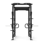 The SMAI Vanta Series power rack in black, combined with adjustable jammer arms attachment, offers multiple barbell positions and safety spotters. Its sturdy frame, complete with various slots for attachments, makes it perfect for weightlifting exercises in both home and commercial gyms.