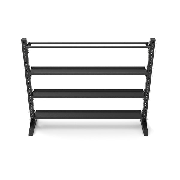 The 1.7m Storage Shelf 3 x Flat + 1 x Ball from the SMAI Vanta Series is a black multi-tier storage solution made of structural steel. Featuring three shelves and a robust frame, it’s ideal for organizing and displaying various items against a plain white background.
