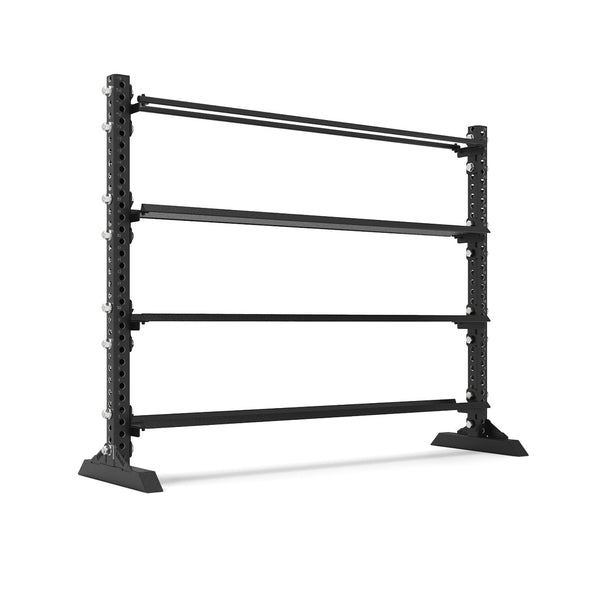 Introducing the 1.7m Storage Shelf 3 x Flat + 1 x Ball from the Vanta Series by SMAI, a sleek black, multi-tiered horizontal storage rack crafted from robust structural steel. This powerful addition to your gym setup features three levels of flat storage spaces plus a ball shelf, all supported by vertical beams—perfect for organizing weights or gym accessories with ease.