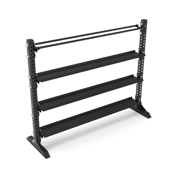 Introducing the Vanta Series by SMAI: a sleek, black 1.7m storage shelf featuring three flat shelves and one ball shelf. Crafted from structural steel, this versatile unit is designed for functional storage needs with adjustable arms, ensuring both durability and elegance against a pristine white background.