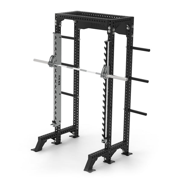 The Half Power Rack with Smith Machine from the Vanta Series by SMAI is a stylish black metal unit designed for weightlifting exercises, complete with a barbell and weight plates. It includes multiple adjustment holes, safety catches, and storage pegs for additional weights.