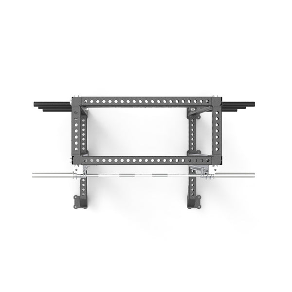 Top view of a black wall-mounted TV bracket with adjustable arms, reminiscent of the sturdy construction found in the SMAI Half Power Rack with Smith Machine from the Vanta Series. It includes several holes for customization and showcases a silver mount bar on the front, all set against a plain white background.